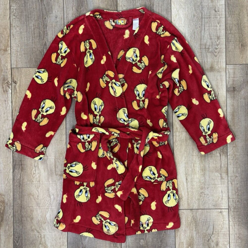 Vintage Tweety Bird Robe Red Soft Fluffy Size L Looney Tunes Novelty Cozy Y2K